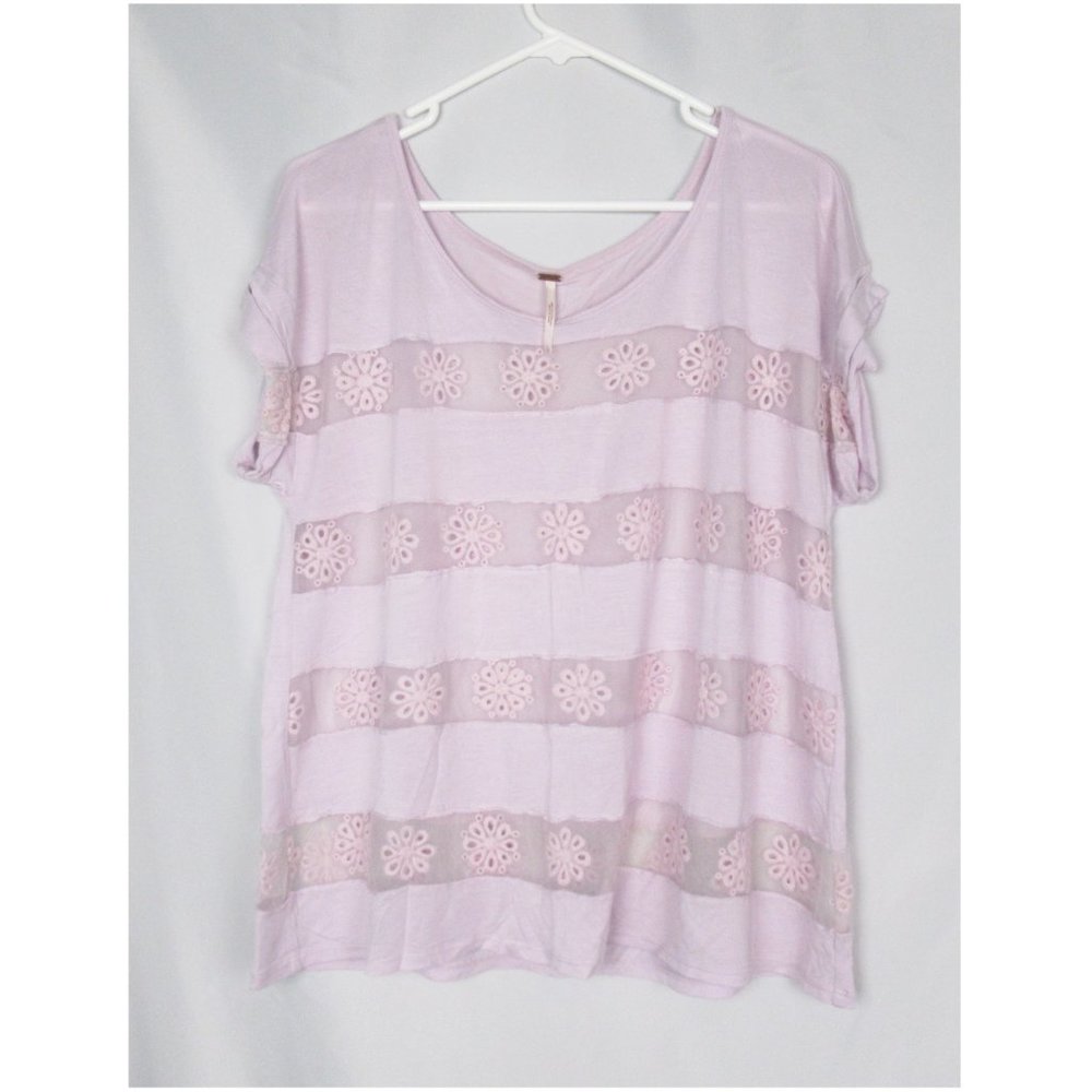 Free People Mesh Lace Floral Tee Top Pastel Purple Large